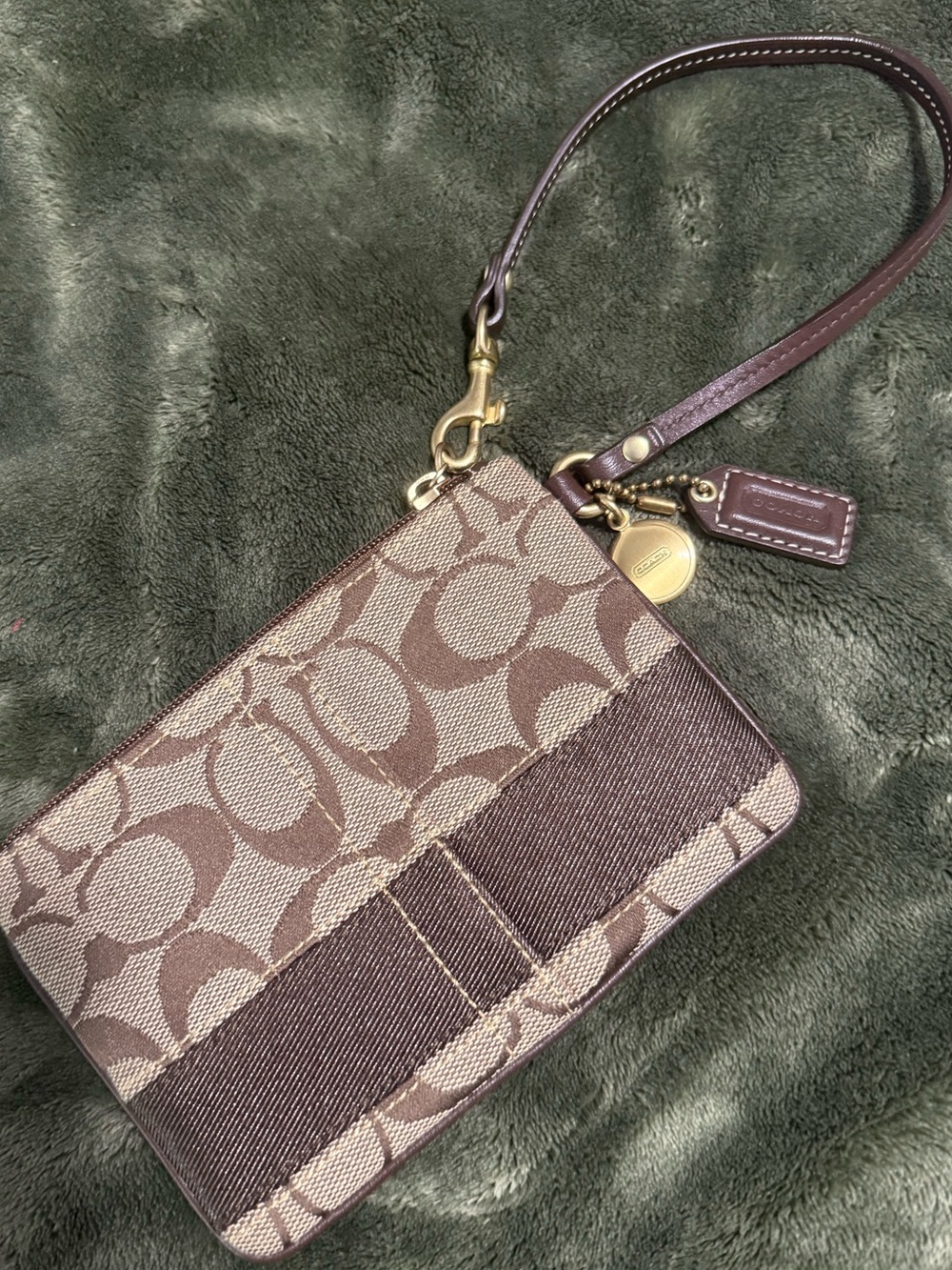 Coach Beige and Brown Signature Zip Wristlet